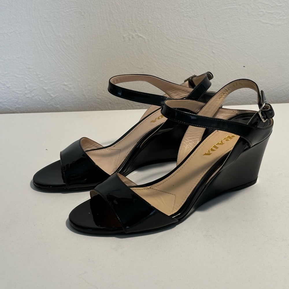 Prada Black Patent Wedge Sandals with Ankle Strap